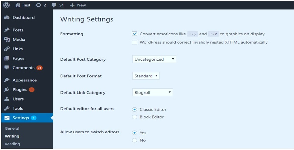 WordPress Classic Editor setting